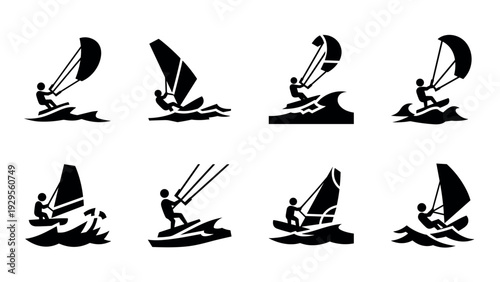 kitesurfing and windsurfing black silhouette icons set hand drawn water sports collection