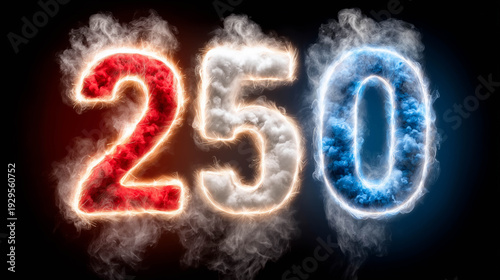Numbers 250 Displayed With Smoke Effects in Red, White, and Blue Colors for a Creative Visual