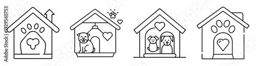 Four cartoon dog houses line art with pets and love theme