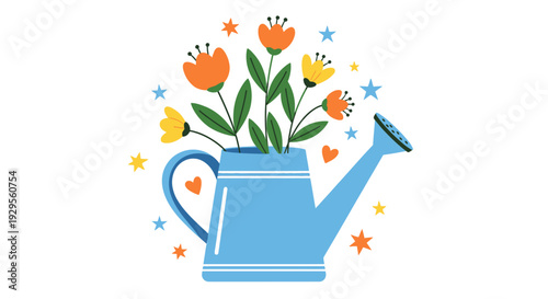 Blue watering can overflowing with orange and yellow flowers and surrounded by stars and hearts