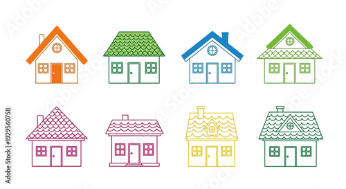 Collection of colorful simple house outlines with different roof styles and windows