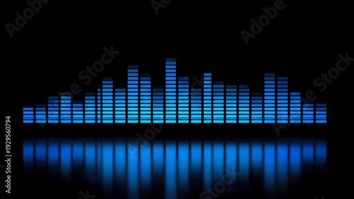 Audio Equalizer Bars Moving Rhythmically on a Dark Reflective Surface Visualizing Sound
