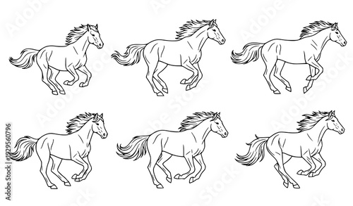 Running horse black outline art set animal mascot vector isolated on transparent background