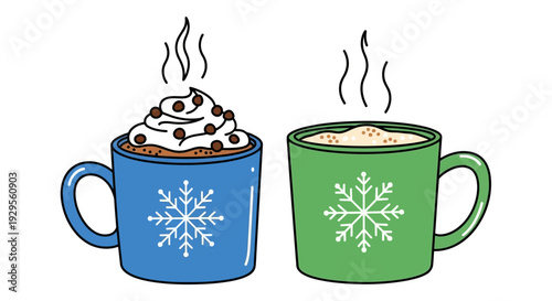 Steaming mugs of hot chocolate with whipped cream and snowflakes drink beverage