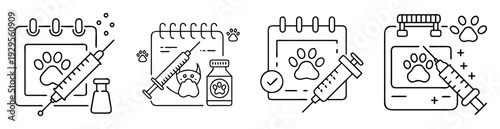 Dog and cat vaccinations calendar reminder for health and wellbeing vector icons