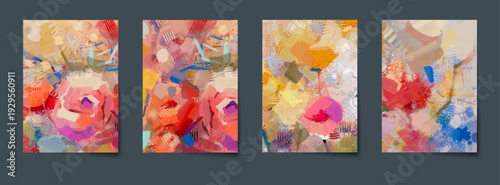 Vector collection. Abstract art, colorful oil painting flower and leaf, nature background. Illustration set of floral pattern design for poster, wallpaper, banner, cover, card, template