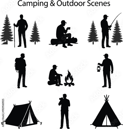 Black Camping and Hiking Silhouette Set Featuring Hikers, Campers, Tents, Fishing, and Outdoor Recreation Icons Isolated on White Background for Adventure Design Projects