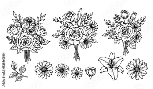 Hand drawn botanical flower bouquet sketch collection black and white vector EPS isolated on transparent background