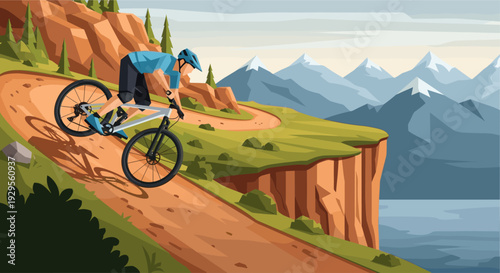 An illustration of a mountain biker riding down a steep, winding, rocky trail, with a backdrop of majestic snow-capped mountains and a cliff edge, evoking adventure and outdoor sports.