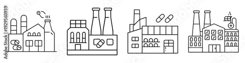 Outline illustration depicting pharmaceutical manufacturing plants producing medicine capsules in a factory