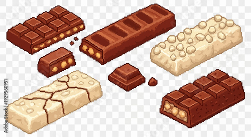 Pixel collection of assorted chocolate and nougat bars with nuts and crispy rice