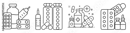 Vector illustration of various medicines, pills, capsules and medical equipments in outline style