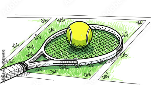 tennis ball on tennis racket hand drawn illustration with green grass background sports equipment