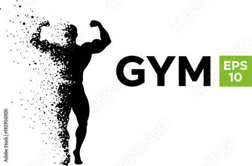 Gym logo design with muscular bodybuilder silhouette and particle dispersion effect isolated on white background vector illustration