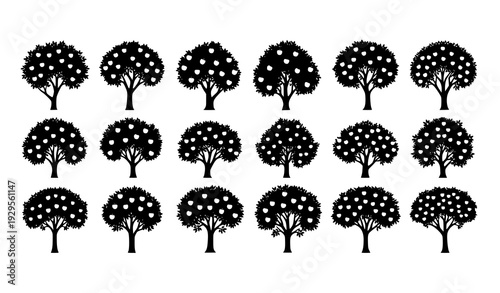 Apple tree silhouette set orchard fruit vector isolated on transparent background