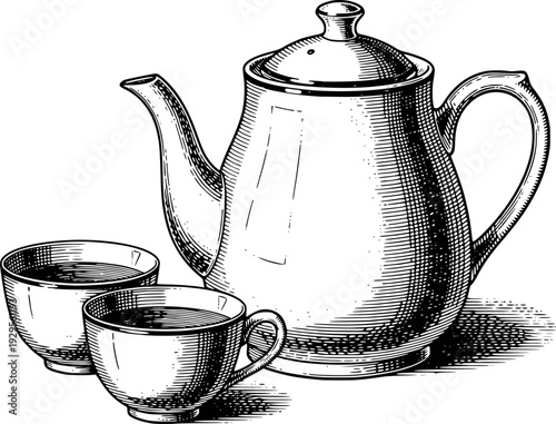 Vintage Engraved Teapot and Cups White Background beverage drink