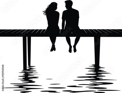 Black and white silhouette of two people sitting on wooden dock over water, legs hanging, reflections visible, tranquil moment of conversation and connection illustration