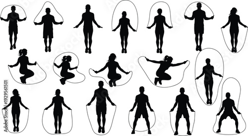Jump rope silhouette collection, men and women skipping workout poses, cardio fitness training set isolated, flat vector illustration