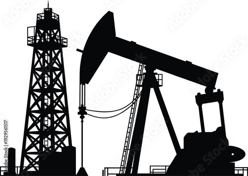 Black silhouette of an industrial oil pumpjack and drilling rig derrick on a white background representing fossil fuel energy production and petroleum extraction industry
