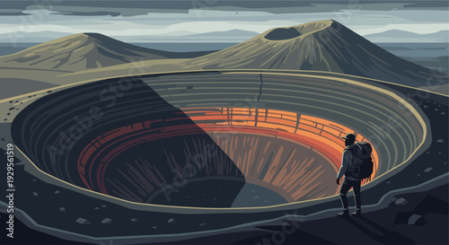A vector illustration depicts a hiker overlooking a large volcanic crater, with a glowing orange interior and distant mountain peaks under a cloudy sky, creating a sense of adventure.