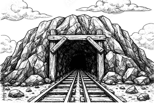 Vintage wood mine entrance with railroad tracks leading into darkness under rocky mountain