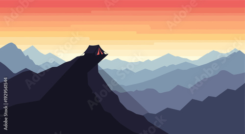 Illustration of a camping tent pitched high on a mountain, silhouetted against a colorful sunset sky, creating a sense of adventure, peace and outdoor lifestyle.