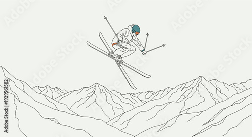 Minimalist illustration showing a skier mid-air, jumping over a mountain range in line art style, conveying themes of winter sports, adventure, and freedom.