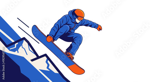 Stylized illustration of a snowboarder jumping off a mountain. He wears bright orange and blue colors. This is perfect for advertising winter sport goods or travel.