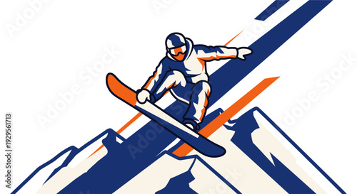 Graphic illustration of a snowboarder performing a jump over jagged mountain peaks against a white background, with bold, contrasting colors of blue, orange and white, for sports or adventure theme.