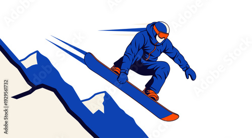 Stylized vector illustration of a snowboarder in blue suit jumping off a snow covered mountain, with motion lines, perfect for winter sports marketing and extreme adventures.