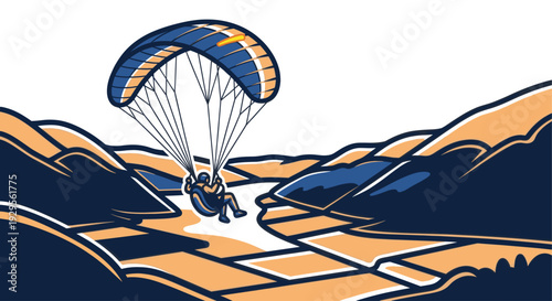 A paraglider soars high above a stylized river valley in a vector illustration, rendered in blue and orange tones, capturing the thrill and freedom of aerial adventure.
