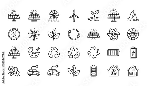 Solar energy renewable eco line icon set vector isolated on transparent background