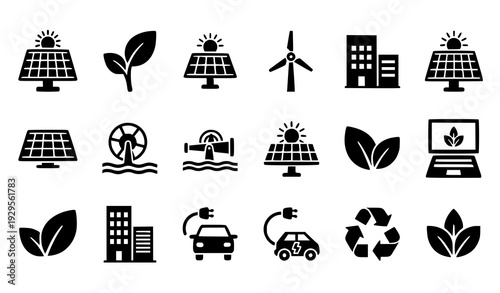 Solar energy renewable eco glyph icons black vector isolated on transparent background