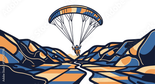 An illustration of a paraglider flying above a stylized mountain valley with orange and blue tones, creating a sense of adventure and freedom. Use for travel blogs, posters or adventure themes.
