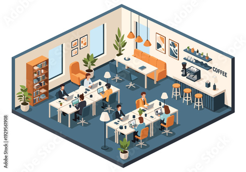 Isometric 3D vector illustration of coworking office with freelancers working and networking representing startup culture, collaboration and modern workspace lifestyle