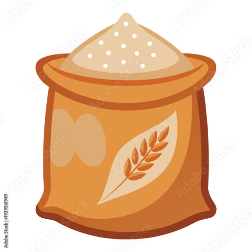 Full beige grain sack tied with a blue band featuring a wheat ear for agricultural products Vector Illustration