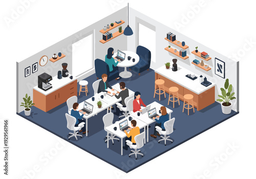 Isometric 3D vector illustration of coworking office with freelancers working and networking representing startup culture, collaboration and modern workspace lifestyle