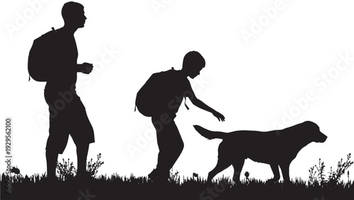 Silhouette hikers with backpacks and walking dog on grassy trail, outdoor adventure scene in black and white, family trekking concept with copy space featuring backpack, grass, hiking with people and
