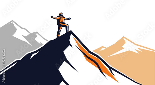 Vector illustration of a hiker standing on a mountain peak with arms outstretched in victory, conveying achievement, success, and overcoming challenges in business and life.