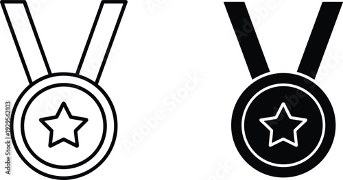 Outline and solid black medal icons with a star on white background Keywords: medal, award, prize, winner, champion, first place