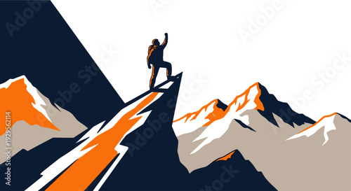 Silhouette illustration of a hiker with raised fist on a mountain summit, symbolizing success, achievement and outdoor adventure, with an orange, white and dark blue palette.