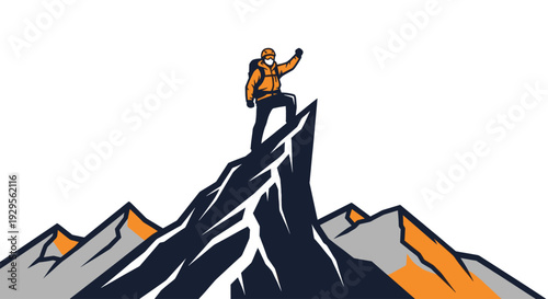 Graphic illustration of a mountaineer raising fist atop a jagged mountain peak, symbolizing success, adventure, and achieving goals in a minimal vector style.