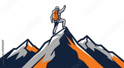 Illustration of a hiker with orange backpack reaching the summit of a mountain peak, celebrating his success with a fist pump, set against a stark white background.