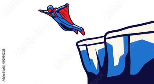Illustration of a wingsuit jumper in blue and red leaping off a rocky cliff edge with a white background, rendered in a clean, modern cartoon style.