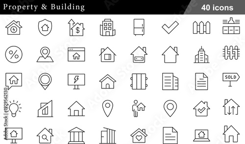 40 Property and Building Icons Set House with Dollar Sign, Multi Story Office, Location Pin and Shield Symbols in Professional Thin Line Style