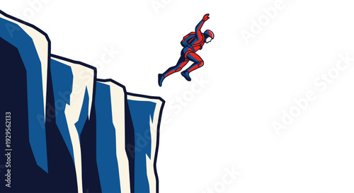 Stylized illustration of a person leaping from a cliff in a red and blue suit, conveying adventure, risk, and overcoming challenges in a graphic design style.