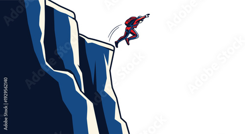 Illustration of a skydiver jumping from a cliff with a red suit and backpack; adventure and risk theme, great for motivational business concepts.
