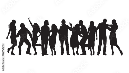 People dancing silhouettes with various poses and outfits in black on white background, isolated illustration featuring party, club, dance with movement and clubbing elements for nightlife, human