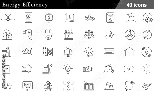 40 Energy Efficiency Icons Set Solar Panel, Wind Turbine, Smart Meter and EV Charger Symbols in Professional Thin Line Style for Sustainability