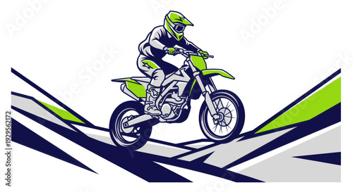 A vector illustration shows a motocross rider in a green helmet jumps his dirt bike on an abstract background, suitable for sports and recreation themes.